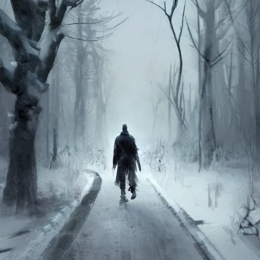 Image similar to a man walking in the snow in zombie apocalypse by greg rutkowski