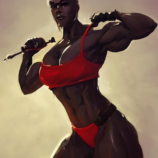 Image similar to portrait of a female bodybuilder in team fortress 2 style, epic, tragic, military art, fantasy, dieselpunk, hd shot, digital portrait, beautiful, artstation, comic style, by artgerm, guy denning, jakub rozalski, magali villeneuve and charlie bowater