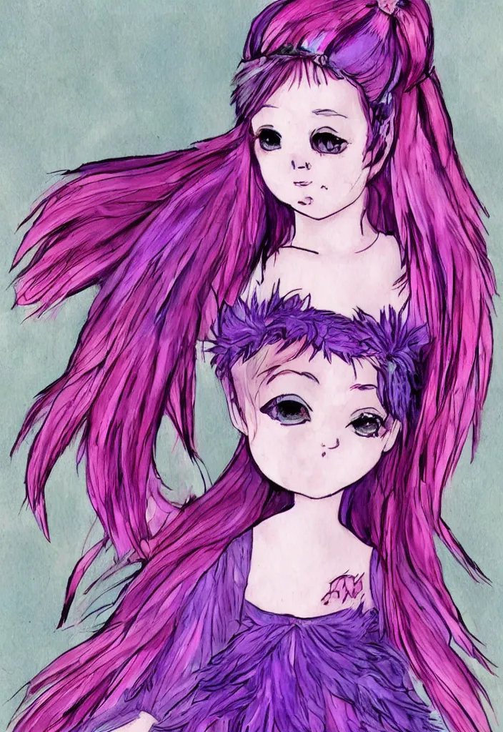 Image similar to little girl with eccentric pink hair wearing a dress made of purple feather, art by dcwj