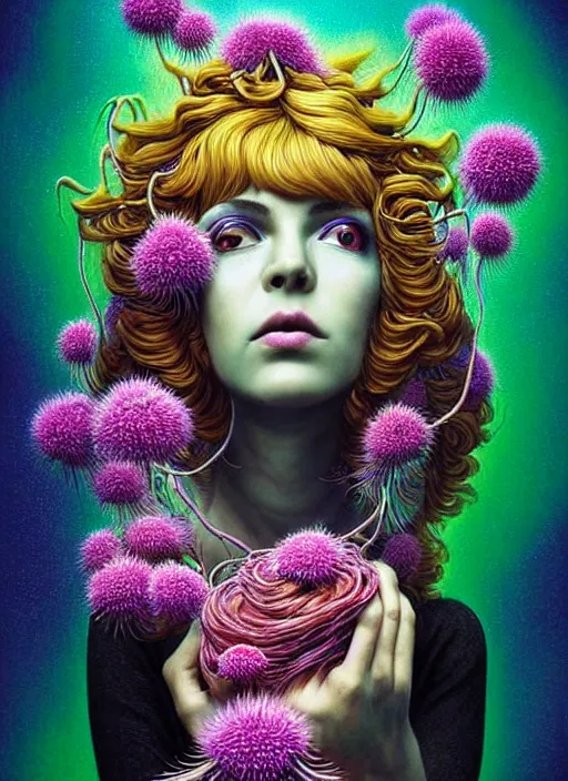 Image similar to hyper detailed 3d render like a Oil painting - Ramona Flowers with wavy black hair wearing thick mascara seen Eating of the Strangling network of colorful yellowcake and aerochrome and milky Fruit and Her staring intensely delicate Hands hold of gossamer polyp blossoms bring iridescent fungal flowers whose spores black the foolish stars by Jacek Yerka, Mariusz Lewandowski, Houdini algorithmic generative render, Abstract brush strokes, Masterpiece, Edward Hopper and James Gilleard, Zdzislaw Beksinski, Mark Ryden, Wolfgang Lettl, Dan Hiller, hints of Yayoi Kasuma, octane render, 8k