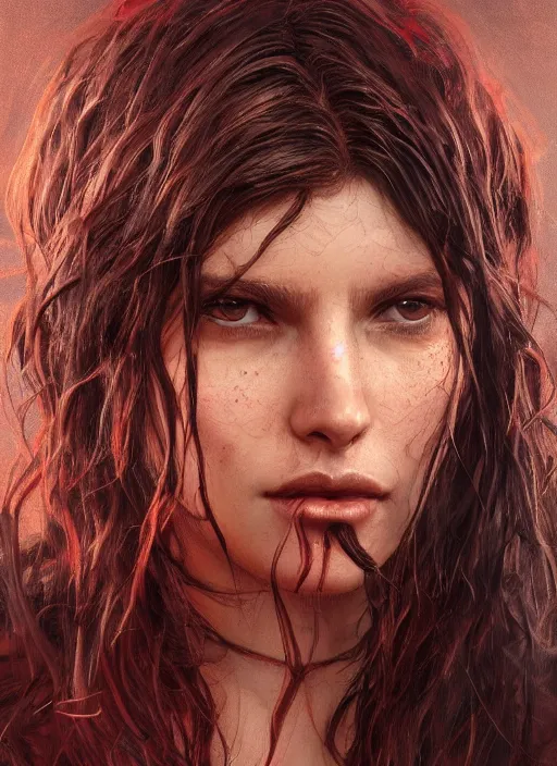 Image similar to vertical portrait of a ruggedly handsome female cleric, soft hair, close - up face, leather, witchy, d & d, fantasy, intricate, elegant, highly detailed, digital painting, artstation, concept art, smooth, sharp focus, illustration, art by artgerm and greg rutkowski and alphonse mucha, plain red background