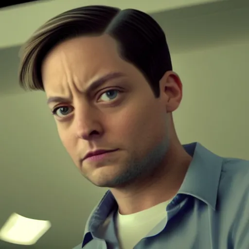 Image similar to tobey maguire looking angry, cinematic lighting