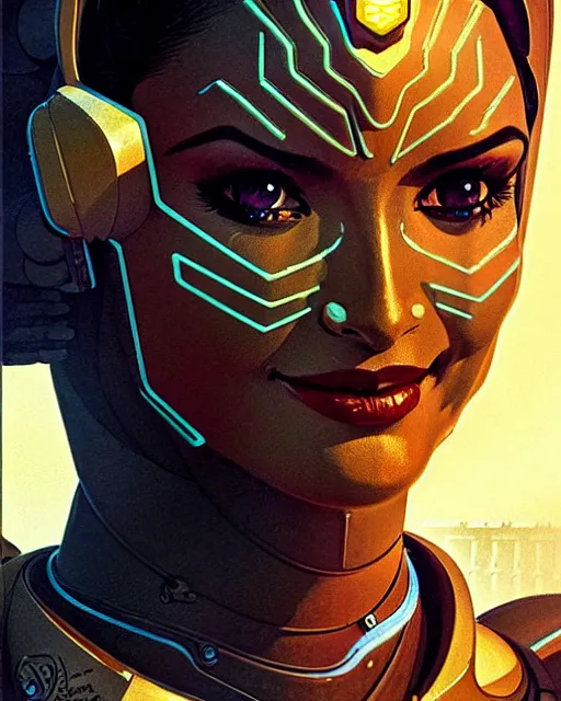 Image similar to symmetra from overwatch, character portrait, portrait, close up, concept art, intricate details, highly detailed, vintage sci - fi poster, retro future, in the style of chris foss, rodger dean, moebius, michael whelan, and gustave dore