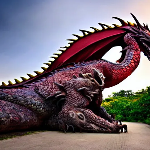 Image similar to <photo quality=hd+ mode='attention grabbing'>a huge dragon</photo>