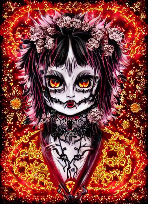 Image similar to baroque bedazzled gothic royalty frames surrounding a pixelsort emo demonic horrorcore japanese yokai doll, low quality sharpened graphics, remastered chromatic aberration spiked korean bloodmoon sigil stars draincore, gothic demon hellfire hexed witchcore aesthetic, dark vhs gothic hearts, neon glyphs spiked with red maroon glitter breakcore art by guro manga artist Shintaro Kago