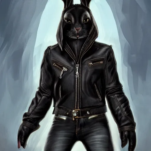 Prompt: A bunny with a small head wearing a fine, intricate leather jacket and leather jeans and leather gloves, trending on FurAffinity, energetic, dynamic, digital art, highly detailed, FurAffinity, high quality, digital fantasy art, FurAffinity, favorite, character art