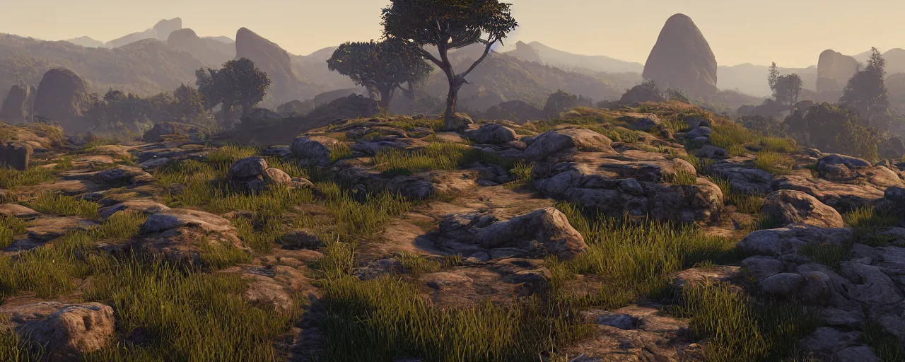 Image similar to a high hill landscape with a circle of tall stones on the top, by ted nasmith, unreal engine, octane, gtav, elder scrolls