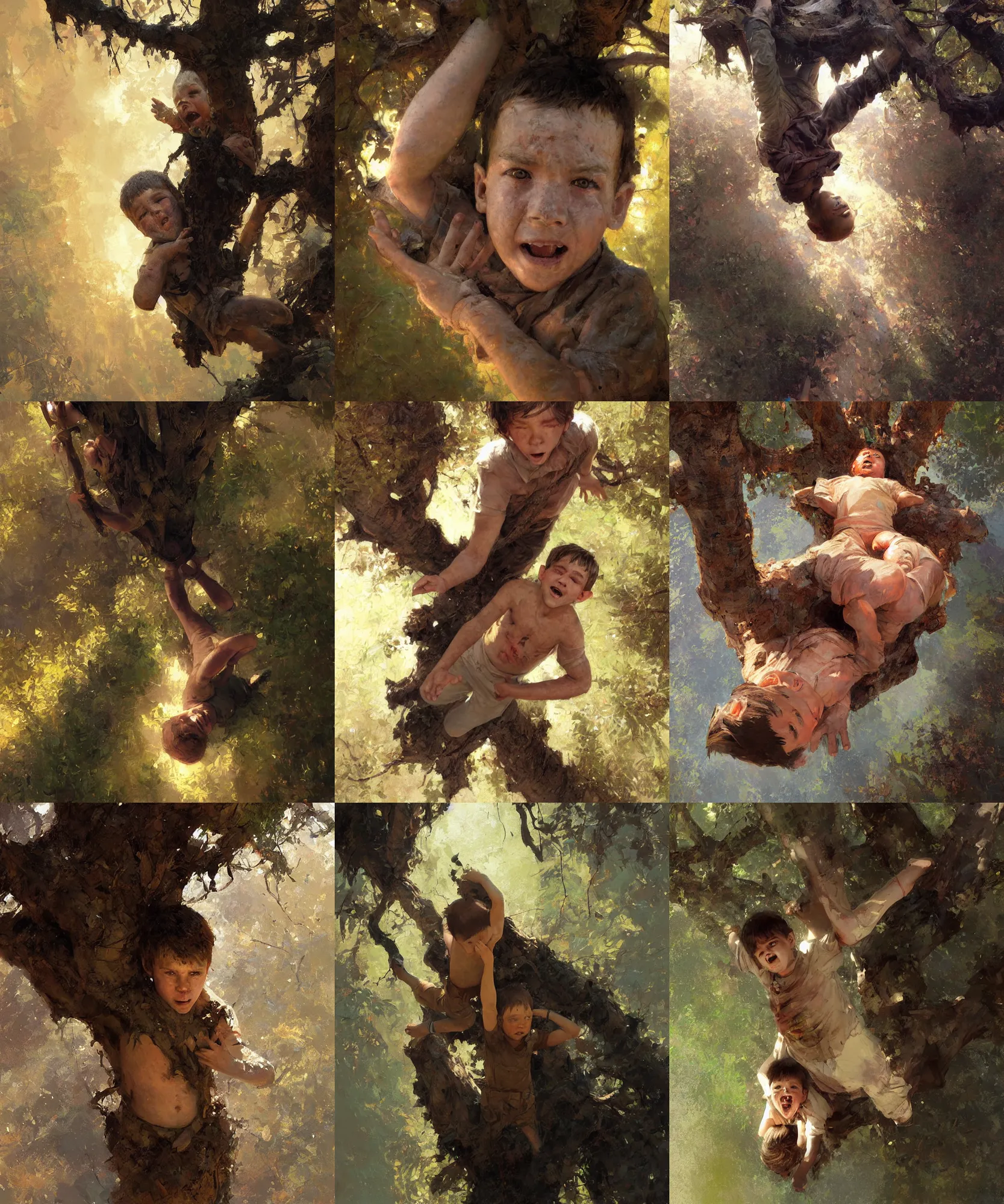 Prompt: overhead view digital art painting of a young boy falling from a tree, scared face expression painted by craig mullins and gaston bussiere and greg rutkowski, symmetrical face, defined facial features, symmetrical facial features, dramatic lighting, close up