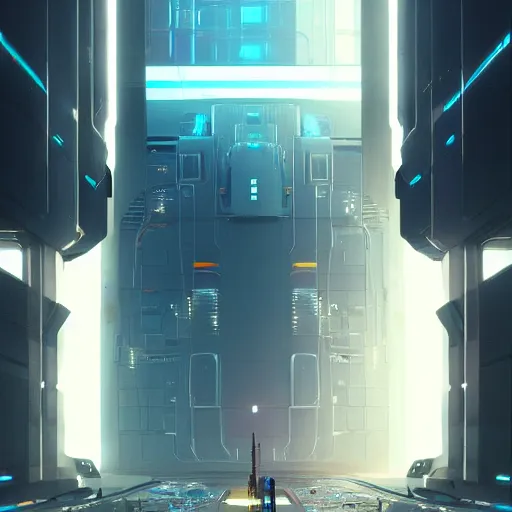 Image similar to professional painting of monumental conscious supercomputer with huge - cybernetic - face!!!! in the center of endless colossal room talking with small people, trending on artstation, cyberpunk, sci - fi, futuristic, by greg rutkowski and maciej kuciara, high quality