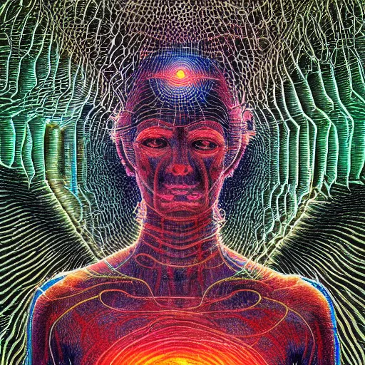 Prompt: an exhausted deity, contemplating existence, beyond the known universe, fine art, bokeh, omnidimensional, ocd, electroluminescent wire by wayne barlowe + jack davis + alex grey