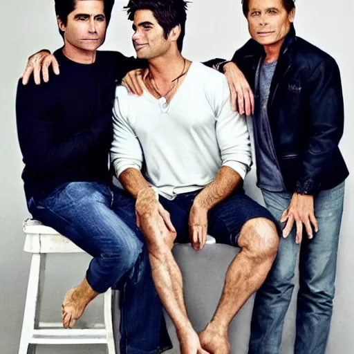 Prompt: portrait of zac efron and john stamos and rob lowe as a sad family, vogue magazine, dramatic light, photoshoot, face photo,