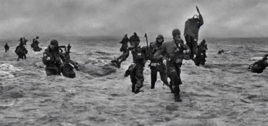 Image similar to the pope storming omaha beach during ww ii