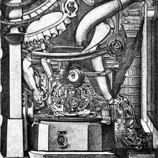 Image similar to really weird obnoxious complex machinery, in renaissance style, da vinci drawing style