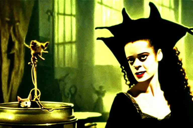 Prompt: close up portrait, dramatic lighting, teen bride of frankenstein witch calmly pointing a magic wand casting a spell over a large cauldron, cat on the table in front of her, a witch hat cloak, apothecary shelves in the background, still from the wizard of oz and peter pan