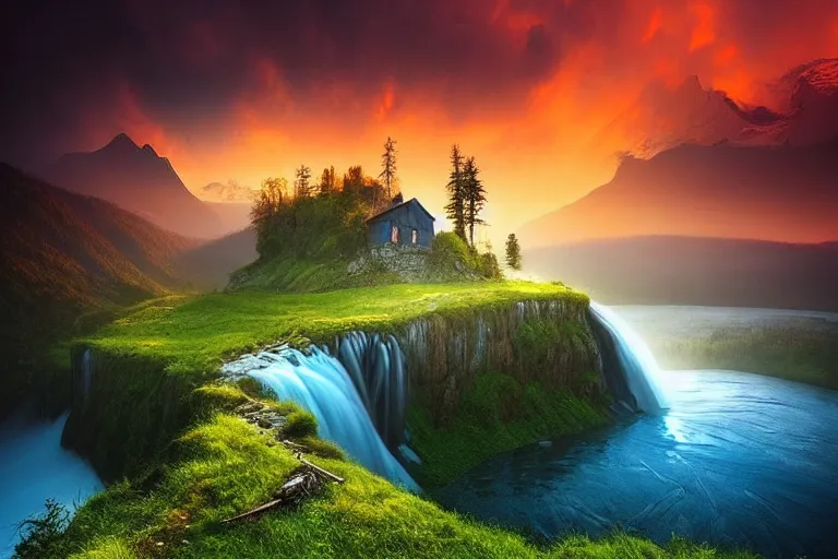 Prompt: Gediminas Pranckevicius amazing landscape photo of mountains with lake and abandoned house on top of a waterfall at sunset by marc adamus beautiful dramatic lighting,