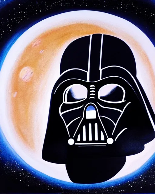 Image similar to acrylic painting portrait of darth vader looking through a large window into outer space with a large planet visible, view from behind, high production value, intricate details, high resolution, hdr, high definition, masterpiece, realistic, ultrarealistic, highly detailed, hd, sharp focus, non blurry, sharp, smooth