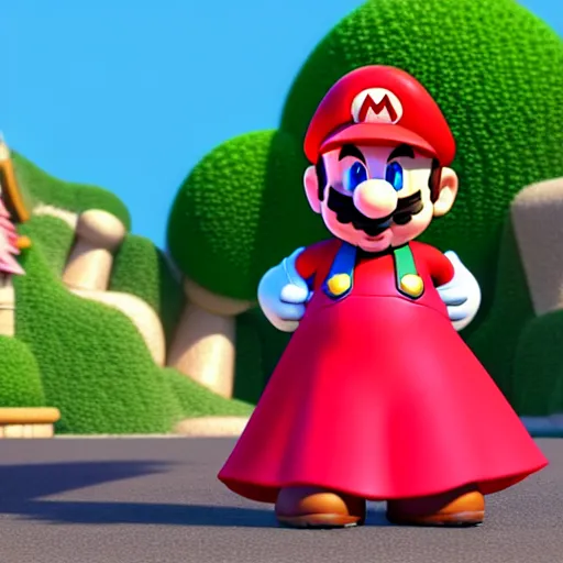 Image similar to mario from super mario wearing a pink dress, studio ghibli, pixar and disney animation, sharp, rendered in unreal engine 5, highly detailed, digital painting, artstation, concept art, smooth, sharp focus, illustration, wide angle, artbook, splash art, dramatic lighting, art by artgerm and greg rutkowski and bo chen and jin xiaodi