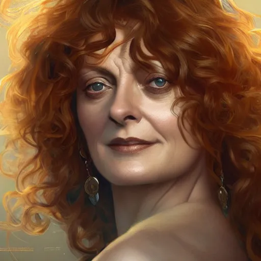 Prompt: beautiful young susan sarandon, closeup, d & d, fantasy, intricate, elegant, highly detailed, digital painting, artstation, concept art, matte, sharp focus, illustration, art by artgerm and greg rutkowski and alphonse mucha