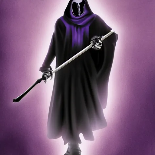 Image similar to grim reaper, purple cloak, full body