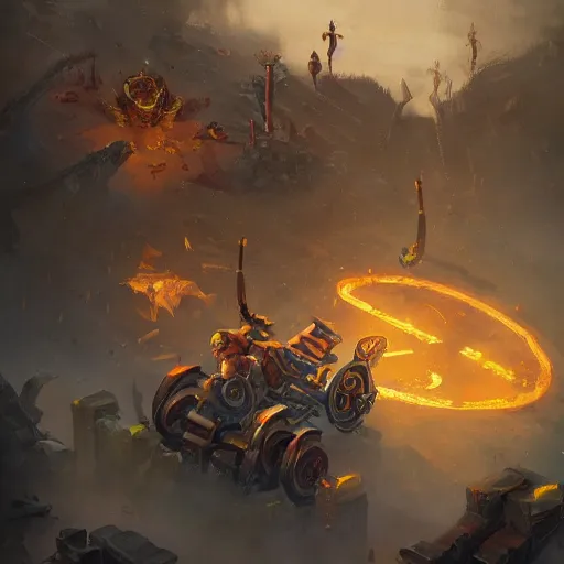 Image similar to a fiery catapult cart wheels chariots, yellow battlefield theme, bright art masterpiece artstation. 8 k, sharp high quality artwork in style of jose daniel cabrera pena and greg rutkowski, concept art by tooth wu, blizzard warcraft artwork, hearthstone card game artwork, cart wheels