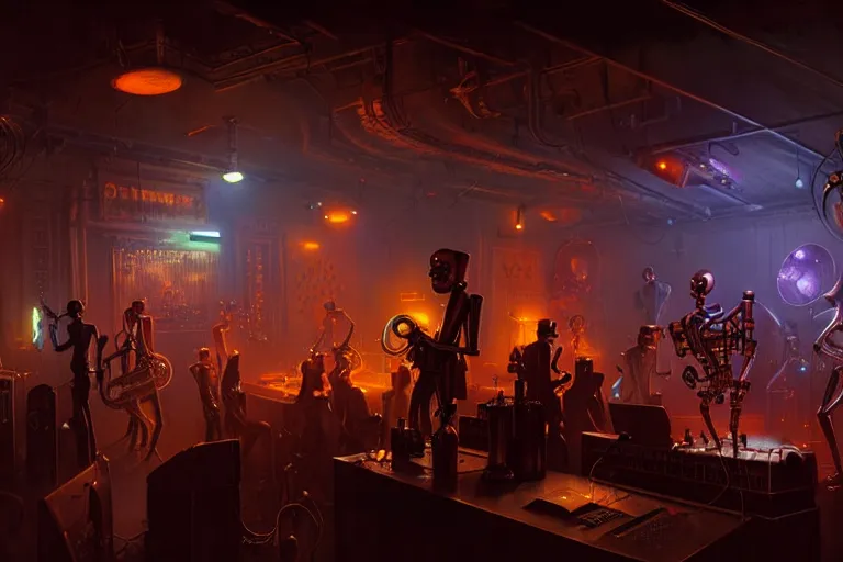 Prompt: night club, 3 steampunk robot jazz musicians, cinematic lighting, exaggerated detailed, unreal engine, art by greg rutkowski