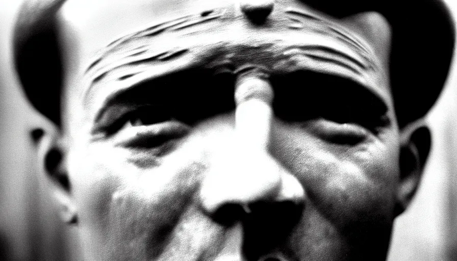 Image similar to 1 9 6 0 s movie still close - up of marcus atilius regulus'face with his eyelids teared off, intense bleeding, cinestill 8 0 0 t 3 5 mm b & w, high quality, heavy grain, high detail, texture, dramatic light