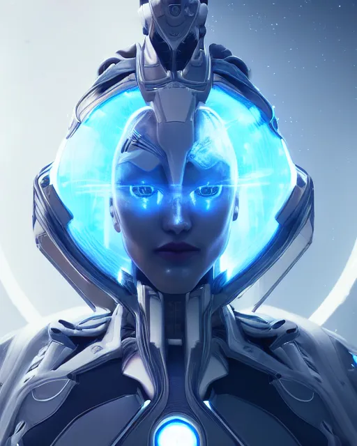 Image similar to perfect android girl on a mothership, warframe armor, beautiful face, scifi, futuristic, galaxy, nebula, raytracing, dreamy, long white hair, blue cyborg eyes, sharp focus, cinematic lighting, highly detailed, artstation, divine, by gauthier leblanc, kazuya takahashi, huifeng huang