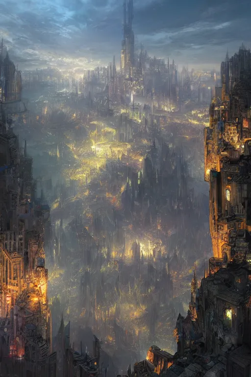 Prompt: Sharn, City of Towers, baroque fantasy metropolis of tall towers at the top of a cliff looking over a river, by Marc Simonetti, matte painting, concept art, chiaroscuro, trending on artstation, HD