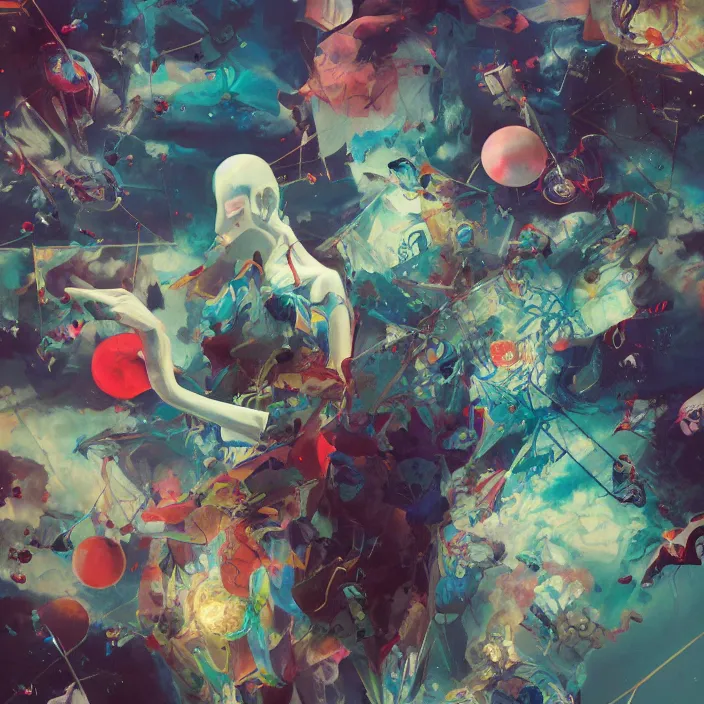 Prompt: surreal gouache painting, by yoshitaka amano, by ruan jia, by conrad roset, by kilian eng, by good smile company, incredibly detailed, of floating molecules and a mannequin artist holding an icosahedron with stars, clouds, and rainbows in the background, cgsociety, artstation, modular patterned mechanical costume and headpiece