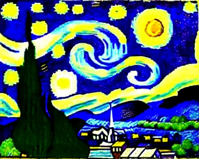 Prompt: Starry Night by van Gogh, re imagined as a Giorgio de Chirico painting