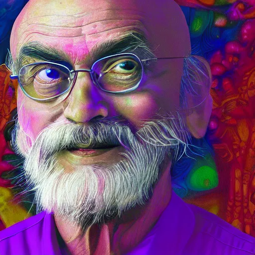 Prompt: psychedelic portrait of ram dass, background by Tokio Aoyama and Pablo Amaringo, 4k, hyperrealistic, extreme detail