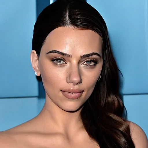 Image similar to a woman who is a genetic combination of kim kardashian and kat dennings and scarlett johansson and margot robbie and emma watson, face and upper - body focus