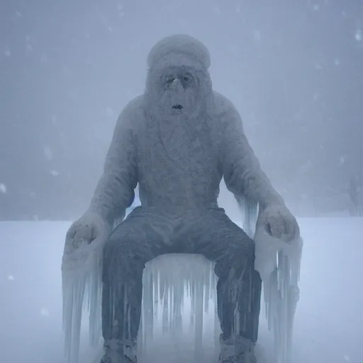 Prompt: an old man made of ice sitting on a throne on the top of a mountain during a snowstorm, front view, 8 k, high quality