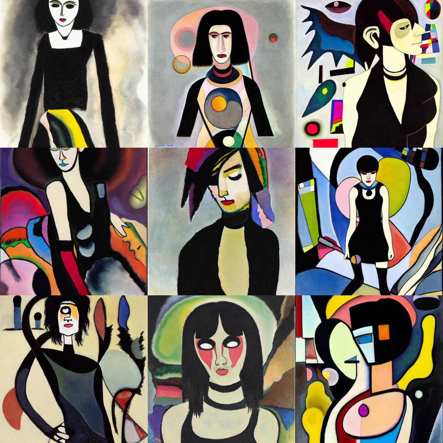 Prompt: an emo painted by wassily kandinsky. her hair is dark brown and cut into a short, messy pixie cut. she has large entirely - black evil eyes. she is wearing a black tank top, a black leather jacket, a black knee - length skirt, a black choker, and black leather boots.