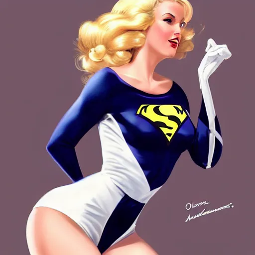 Image similar to a beautiful pin - up portrait of a beautiful cute superhero woman, blonde hair, matte navy - blue bodysuit, white cape, intricate, elegant, 8 k, highly detailed, digital painting, concept art, smooth, sharp focus, illustration, by norman rockwell and artgerm and loish and wlop