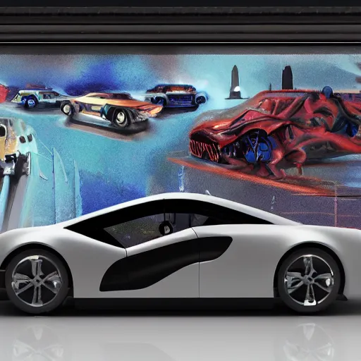 Image similar to sci-fi cars trucks motorcycles 50% of canvas in center and wall near structure on the coronation of napoleon painting and digital billboard in the middle and everything in style of zaha hadid and suprematism forms unreal engine 5 keyshot octane artstation trending bladerunner 2049 colors lighting ultra high detail ultra photo realistic 8k 16k in plastic dark tilt shift