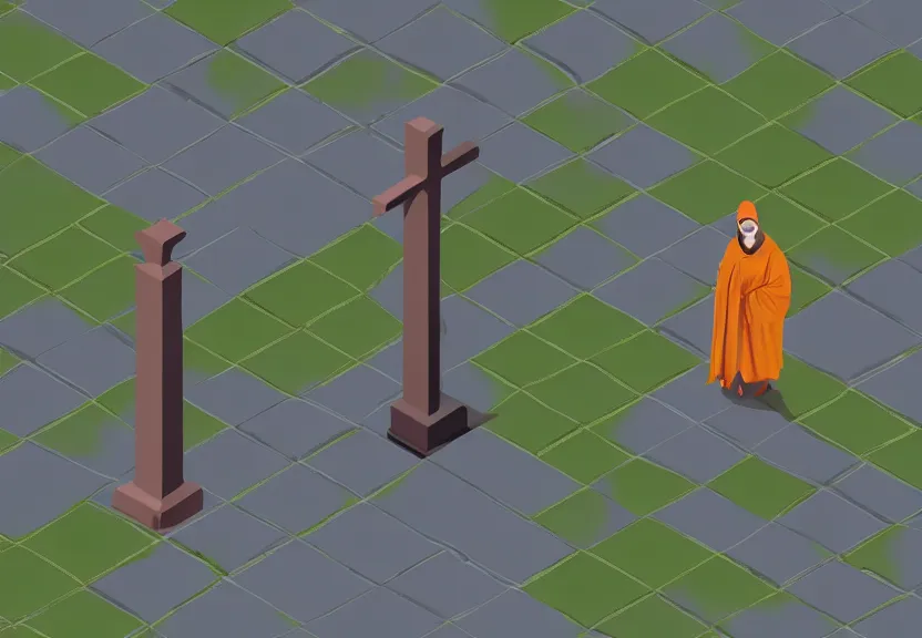Prompt: a possum dressed like a monk at a medieval cemetery at night, isometric, highly detailed 8k