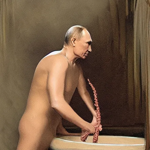 Image similar to vladimir putin, with octopus tentacles sitting in an old roman bathhouse