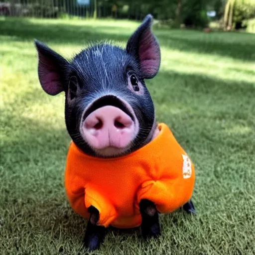 Prompt: cute mini pig using orange inmate clothes