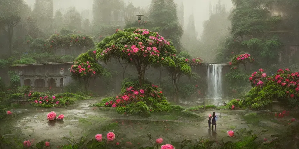 Image similar to a rainy scene a manicured garden matte painting with roses, trees, and a waterfall abandoned for 1 0 years art station, digital art, simon stalenhag