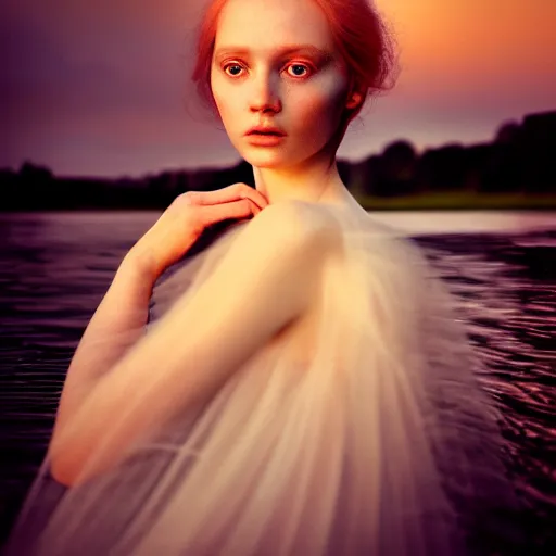 Prompt: photographic portrait of a stunningly beautiful english river spirit renaissance female in soft dreamy light at sunset, beside the river, soft focus, contemporary fashion shoot, hasselblad nikon, in a denis villeneuve and tim burton movie, by edward robert hughes, annie leibovitz and steve mccurry, david lazar, jimmy nelsson, extremely detailed, breathtaking, hyperrealistic, perfect face