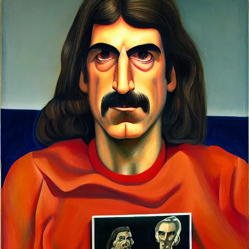 Image similar to robotic frank zappa portrait, long hair, grant wood, pj crook, edward hopper, oil on canvas