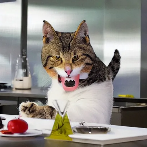 Image similar to anthropomorphic cats competing in masterchef