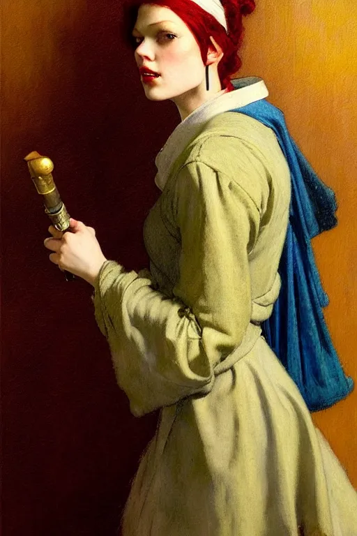 Image similar to full character portrait bioshock character not the girl with the pearl earring character design, painting by gaston bussiere, katsuya terada, nc wyeth, greg rutkowski, craig mullins, vermeer, frank frazetta, mucha, tom of finland, trending on artstation, jeffery catherine jones