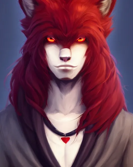 Image similar to character concept art of a black anthropomorphic furry male wolf with long red hair, futuristic | | cute - fine - face, pretty face, key visual, realistic shaded perfect face, fine details by stanley artgerm lau, wlop, rossdraws, james jean, andrei riabovitchev, marc simonetti, and sakimichan, artstation