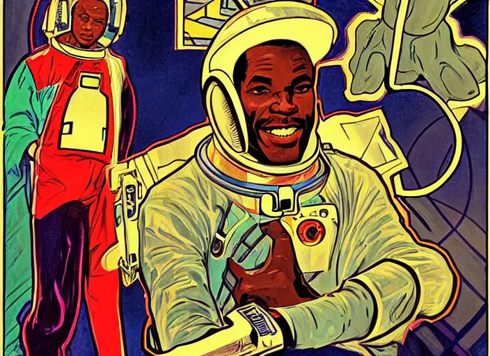 Prompt: an african man, dressed as an astronaut, well composed, clean, elegant painting, beautiful detailed face, comic book art by steve ditko and jack kirby and ( alphonse mucha )