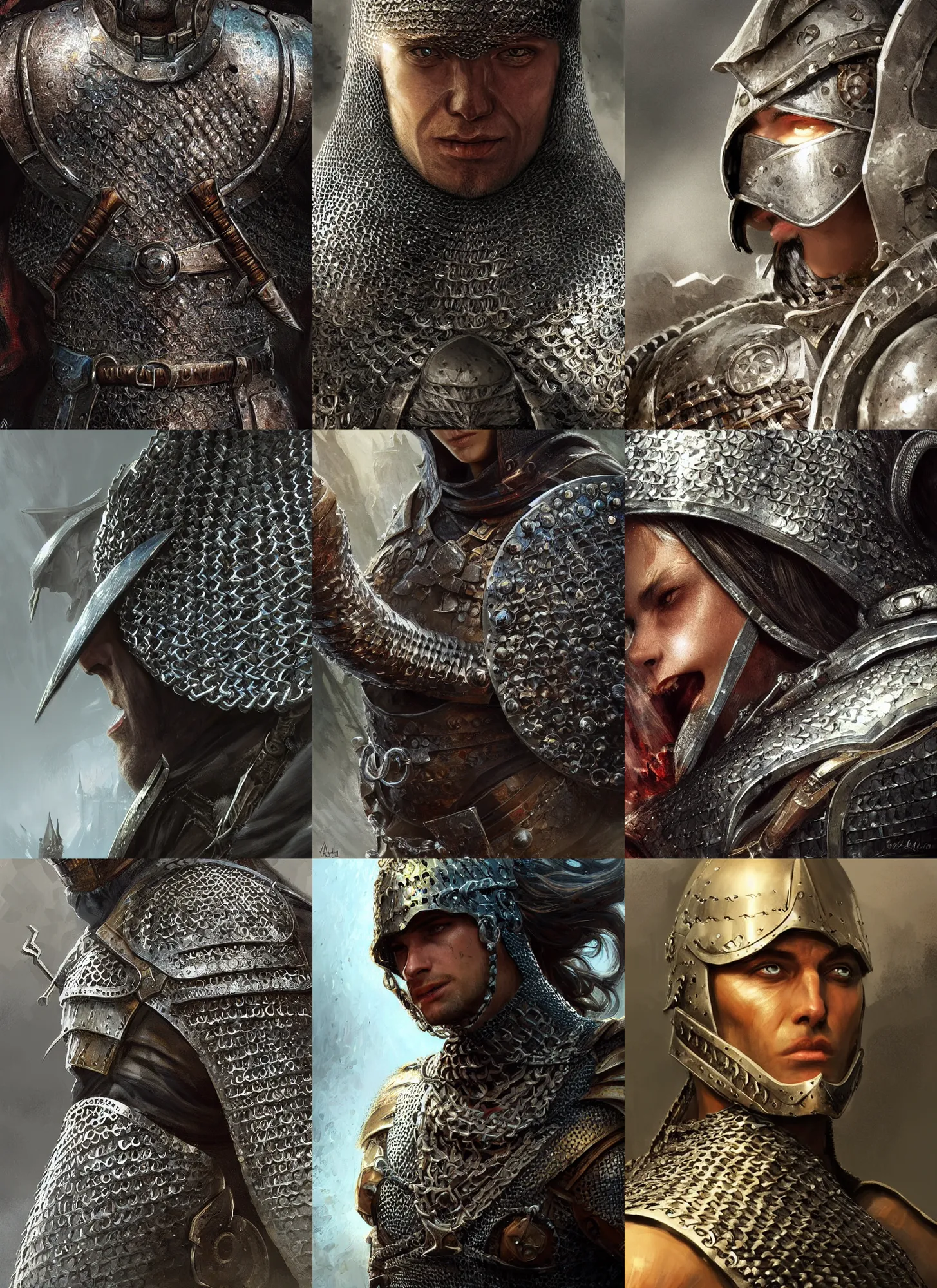 Prompt: medieval chainmail close - up, highly detailed, digital painting, artstation, concept art, sharp focus, illustration by aleksi briclot, rutkowski