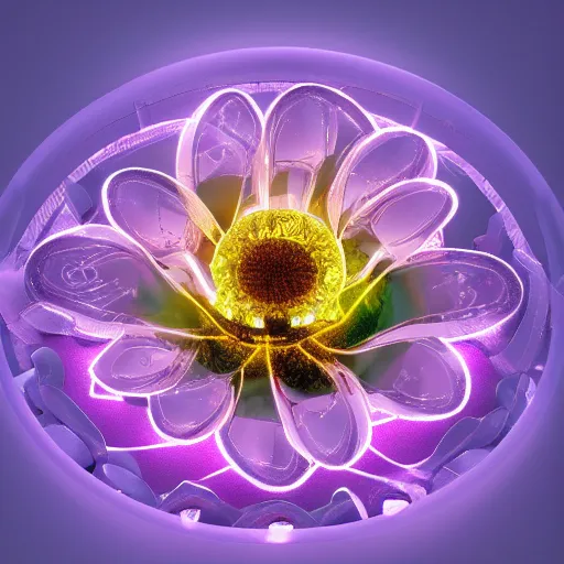 Prompt: a robotic flower, 8 k, photorealistic, photograph, award winning, gloden hour, volumetric light