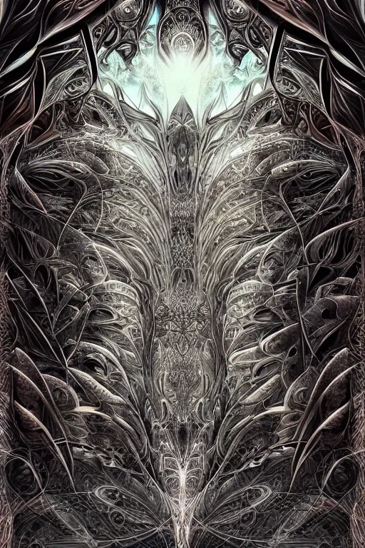 Image similar to a symmetrical fever dream by android jones, ornate border, trending on artstation