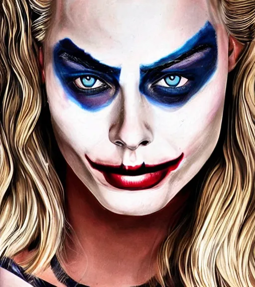 Prompt: margot robbie portrait with light joker makeup, pencil drawing, realistic face, beautiful eyes, smiling, hyper realistic, highly detailed